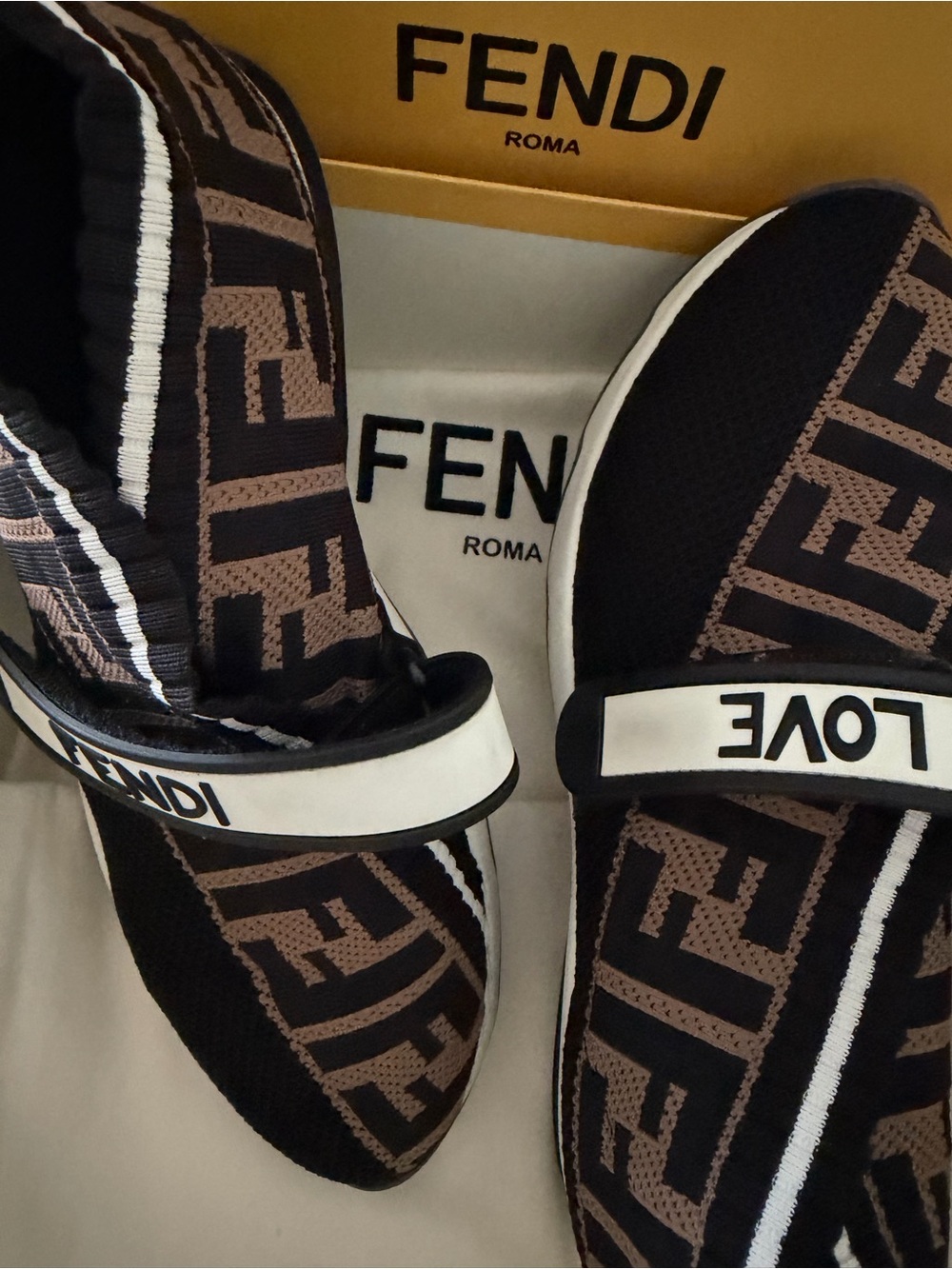 Fendi Black, Brown & White FF Logo Sock Sneakers with 'LOVE' Strap